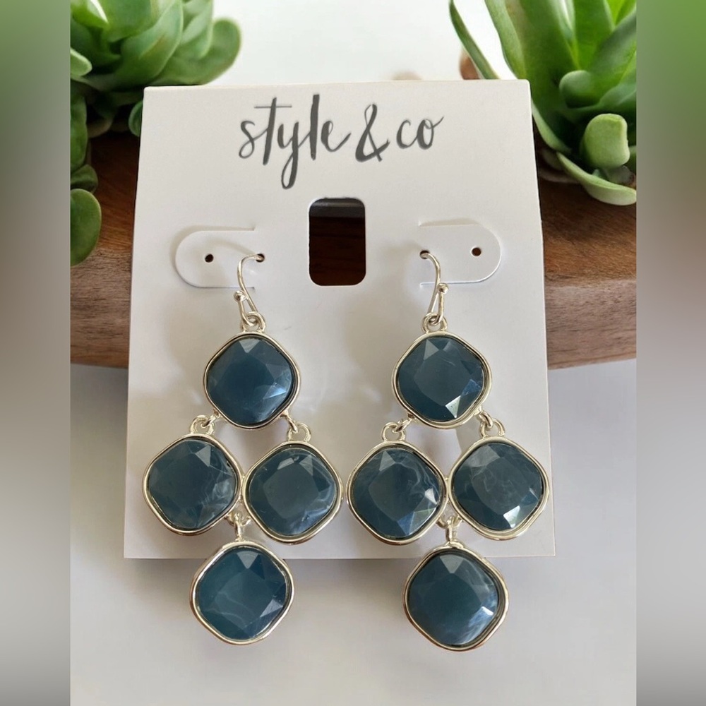 Style & Co. 2" Silver Tone/Blue Chandelier Drop Earrings-NWT 1638 - Picture 1 of 4